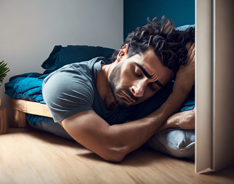 Man lying in bed with arm on head, eyes closed, looking worried or thoughtful