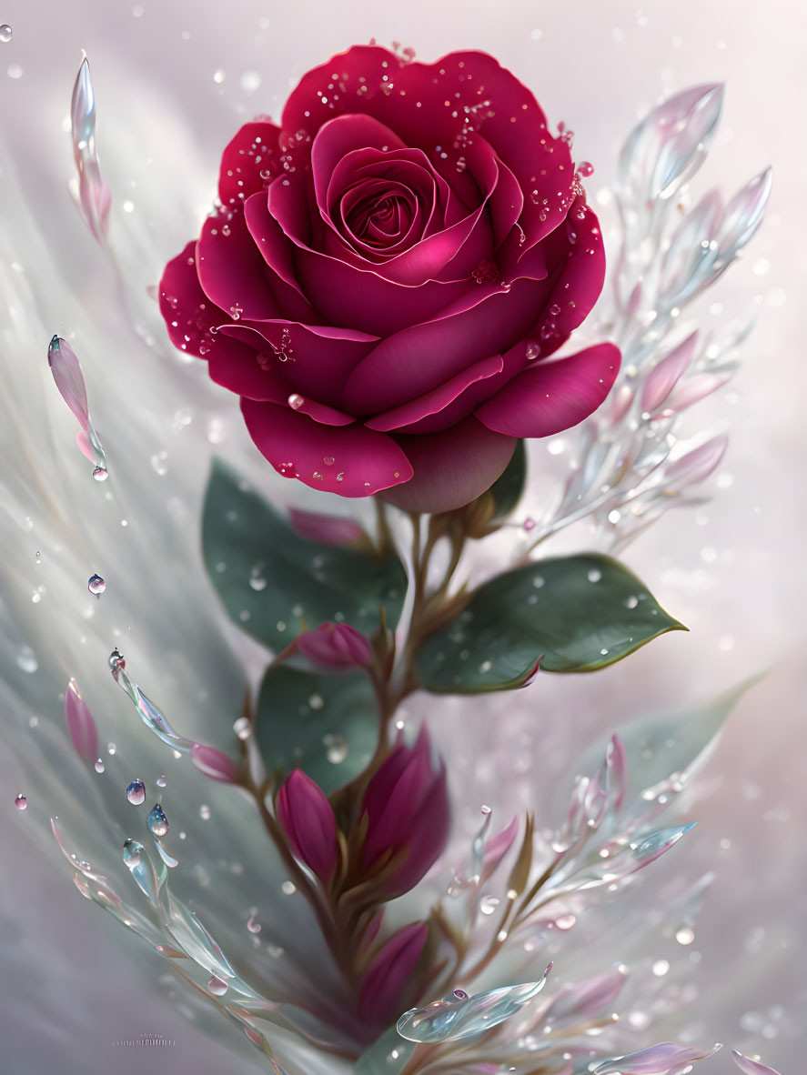 Vivid Maroon Rose with Dewdrops and Delicate Leaves on Soft Background