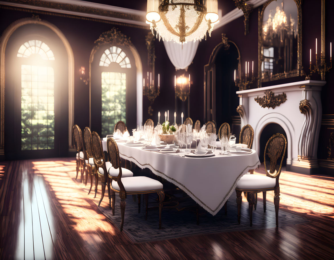 Luxurious dining room with formal table, ornate chairs, chandeliers, and sunlight-filled windows