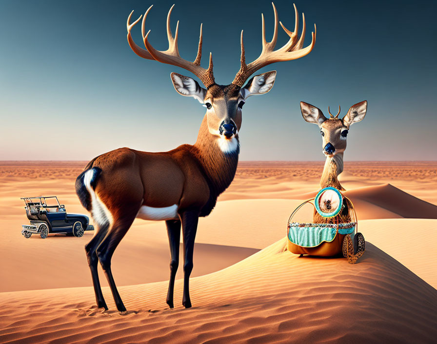 Deer with antlers in desert, one with crown; classic car and dome tent in background