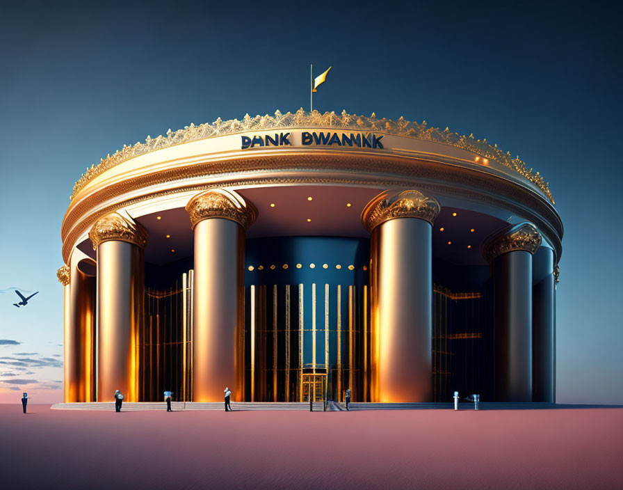 Round building with golden accents and columns at sunset with "PHANK BWANKIK" text and people