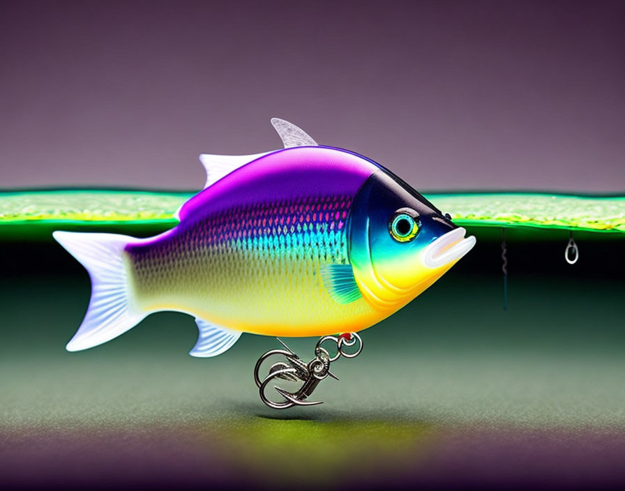 Vibrant tropical fish-themed fishing lure on green rod and gradient backdrop