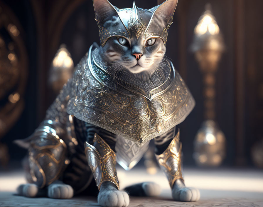 Regal Cat in Medieval Armor in Grand Hallway