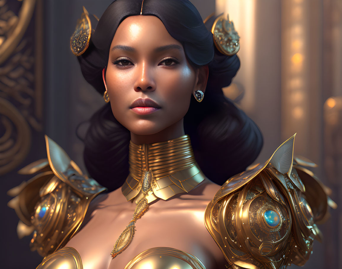 Digital portrait of a woman in golden armor and elegant earrings against a luxurious backdrop