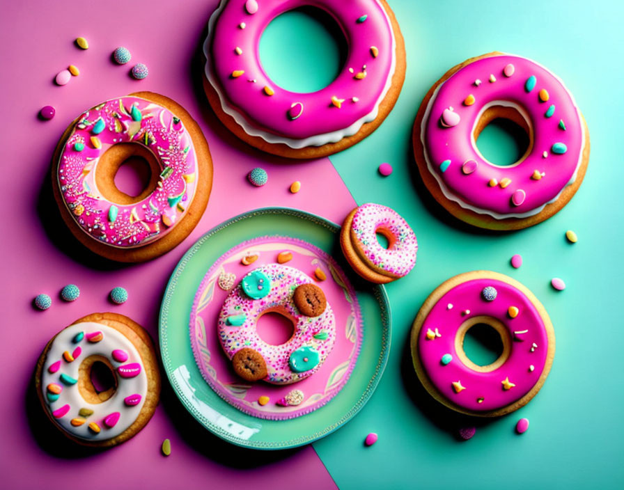 Assorted pink-frosted doughnuts with sprinkles on pastel background