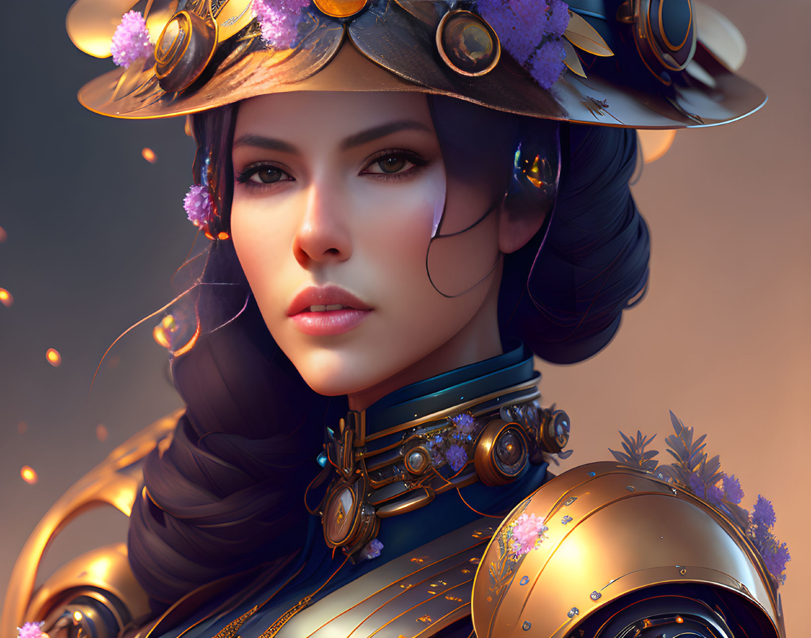 Elaborate armor and stylish hat portrait with futuristic-fantasy blend