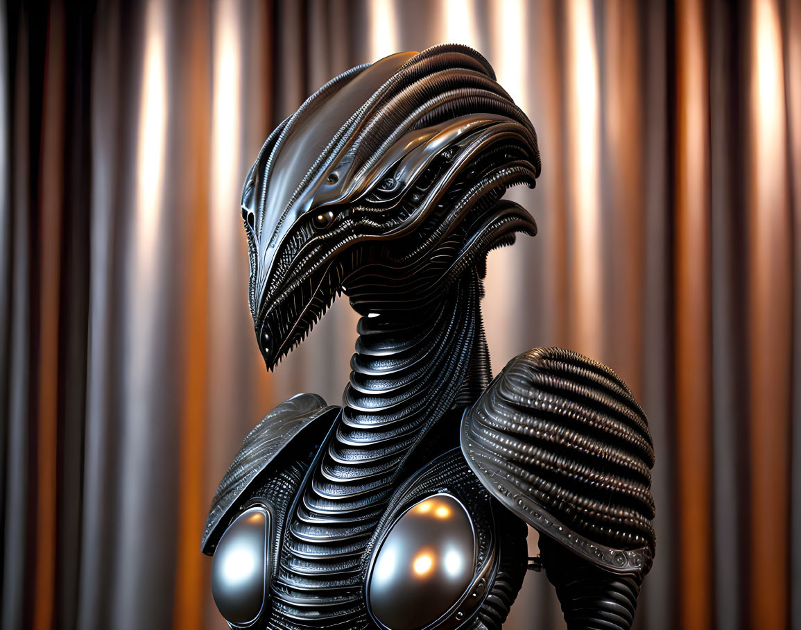 Detailed 3D rendering of biomechanical alien with shiny exoskeleton