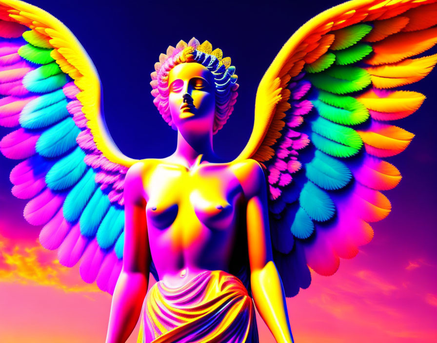 Colorful digital artwork featuring angelic figure with multi-colored wings and serene expression against psychedelic sky