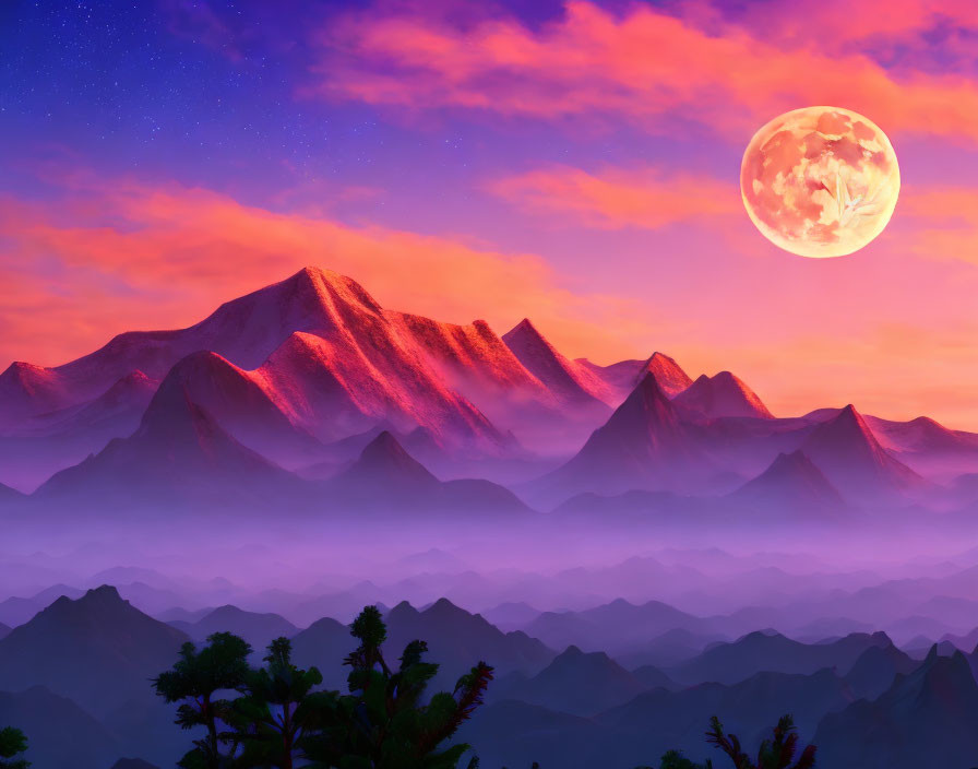 Digital Artwork: Purple Mountains, Starry Sky, Detailed Moon