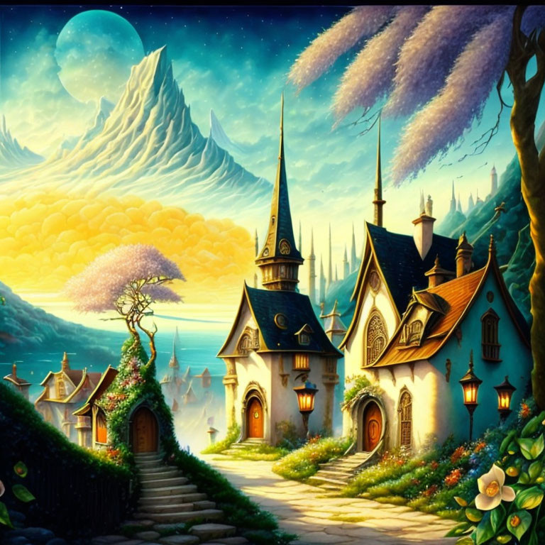 Fantasy landscape with cottage, castle, mountain, moon, stars, and blooming trees