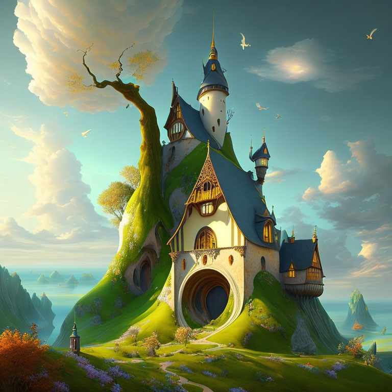 Fantastical tree-integrated castle on hill with lush greenery and flying birds