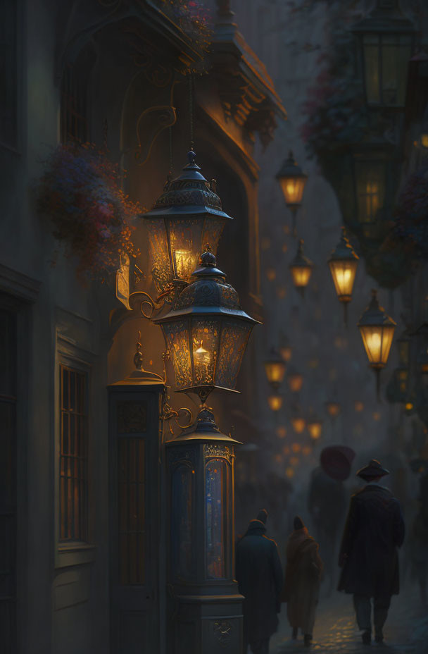 Twilight alley scene with glowing street lamps, pedestrians, and floral buildings