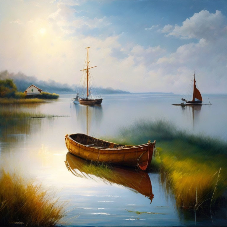 Tranquil lake landscape with rowboat, sailboats, cottage, and sun glow