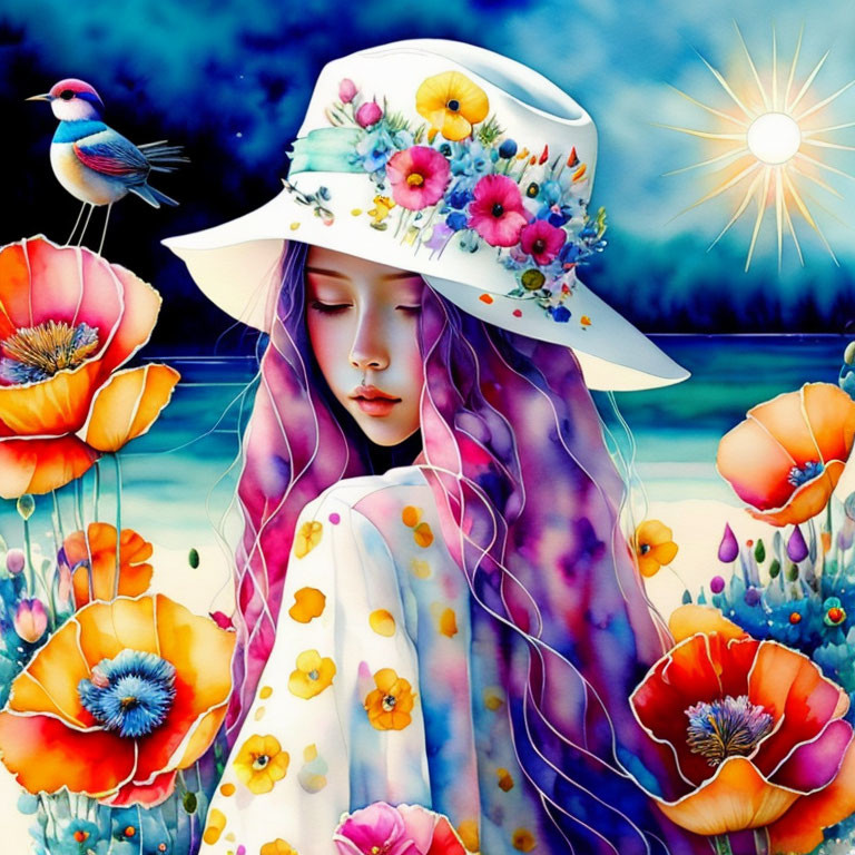 Vibrant illustration: Woman with purple hair, floral hat, surrounded by flowers and bird under sun