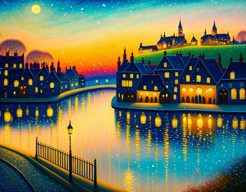 Vibrant night scene: village by river with illuminated homes and starry sky