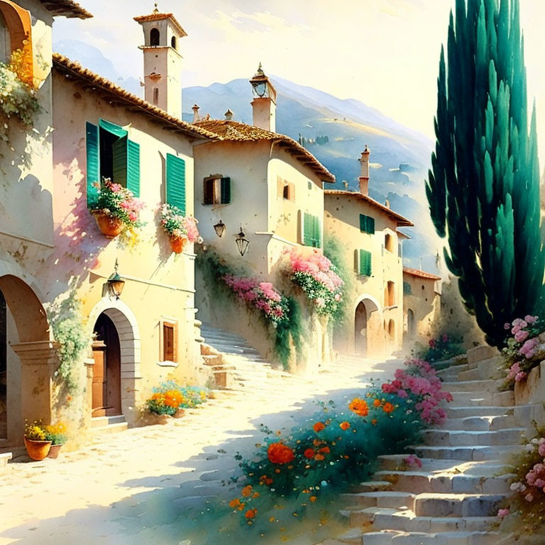 Sunlit European village street with stone stairs and flower-draped houses