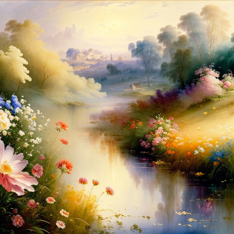 Tranquil landscape painting: river reflecting sunset glow, vibrant blooms, distant village.