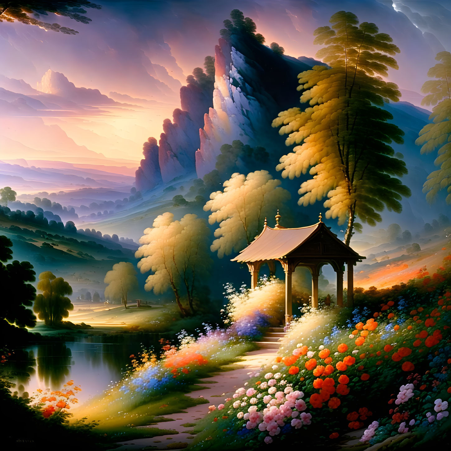 Scenic landscape painting with gazebo, lake, flowers, mountains, pastel sky