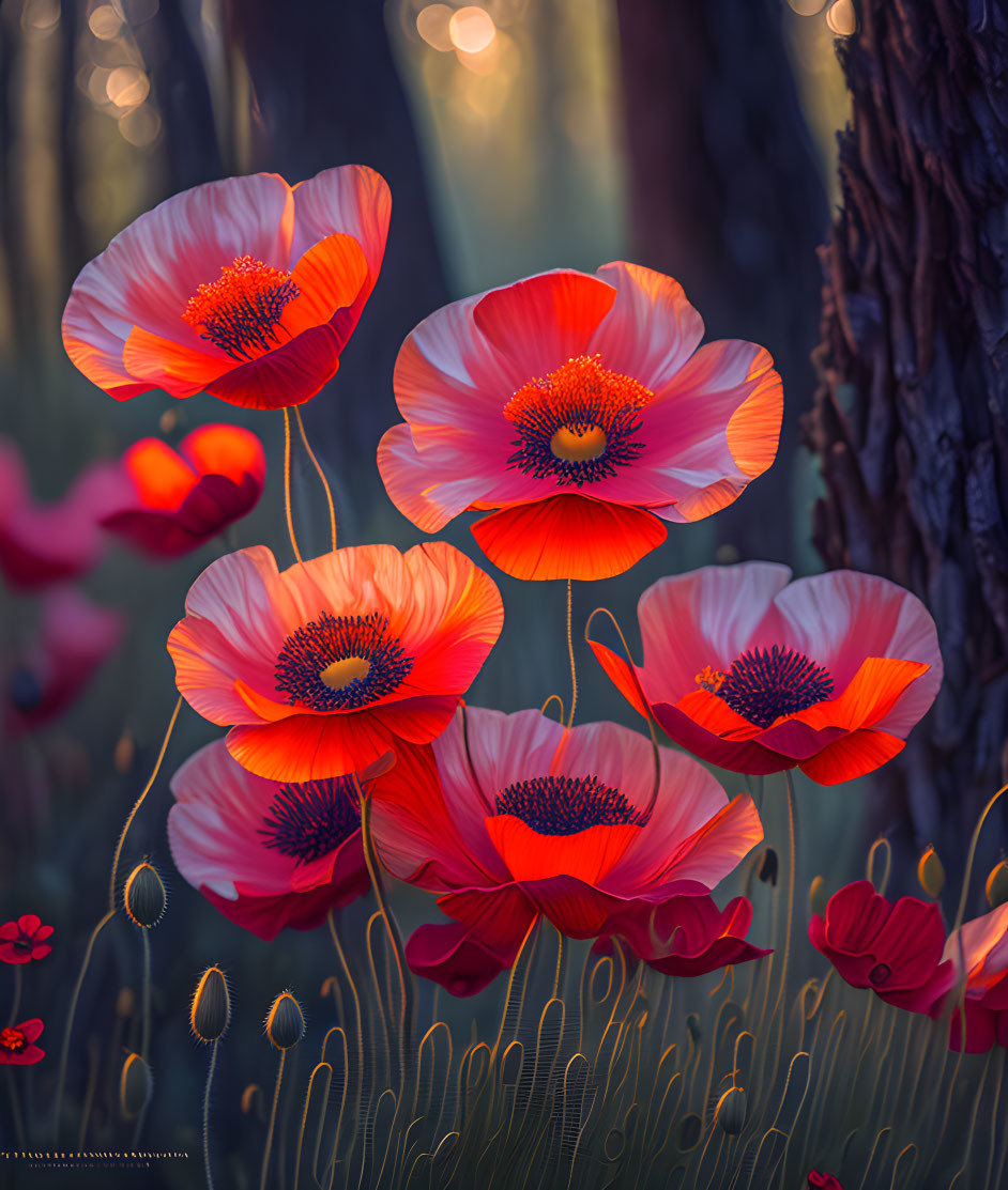 Vibrant red poppies in forest sunset scene.