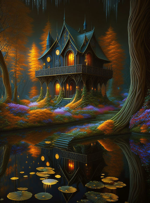 Victorian-style house in illuminated night scene with colorful flora and pond reflection