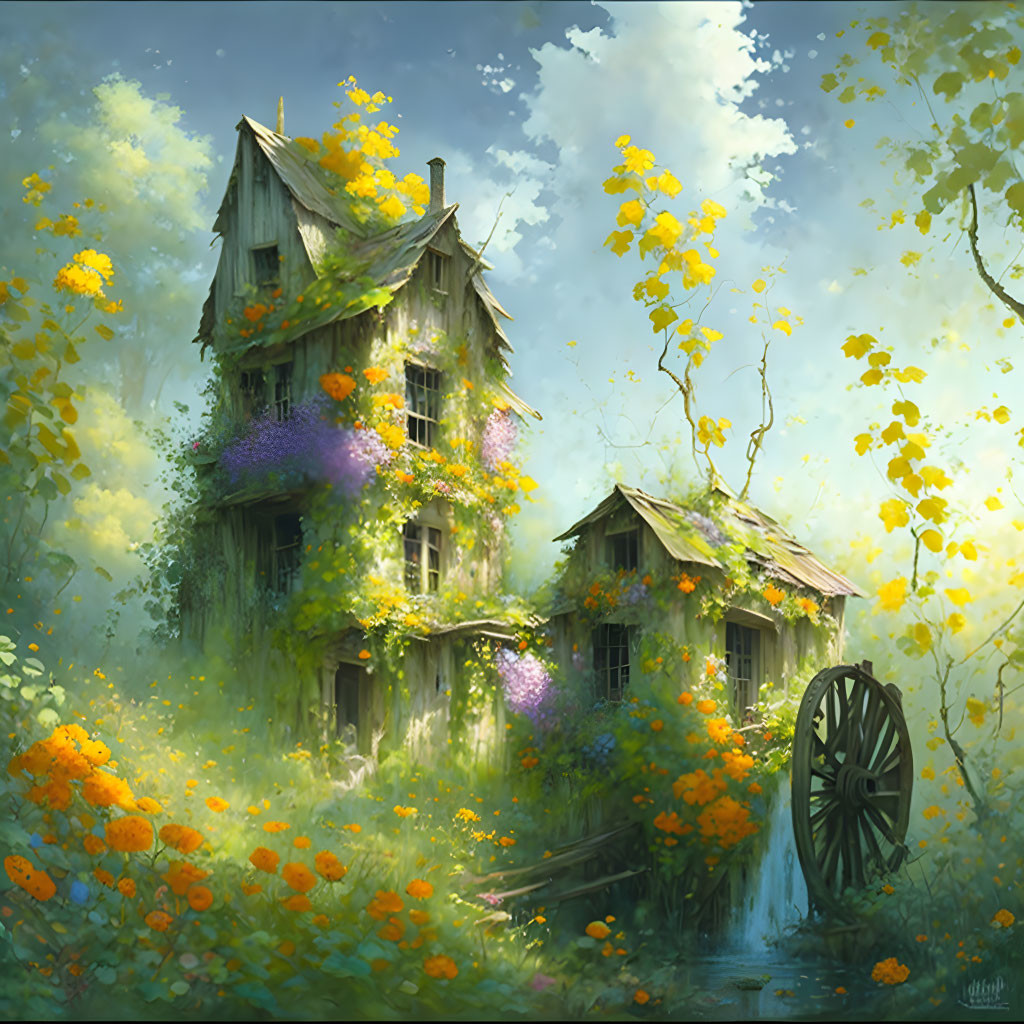 Quaint cottage engulfed in ivy, flowers, trees, and waterwheel