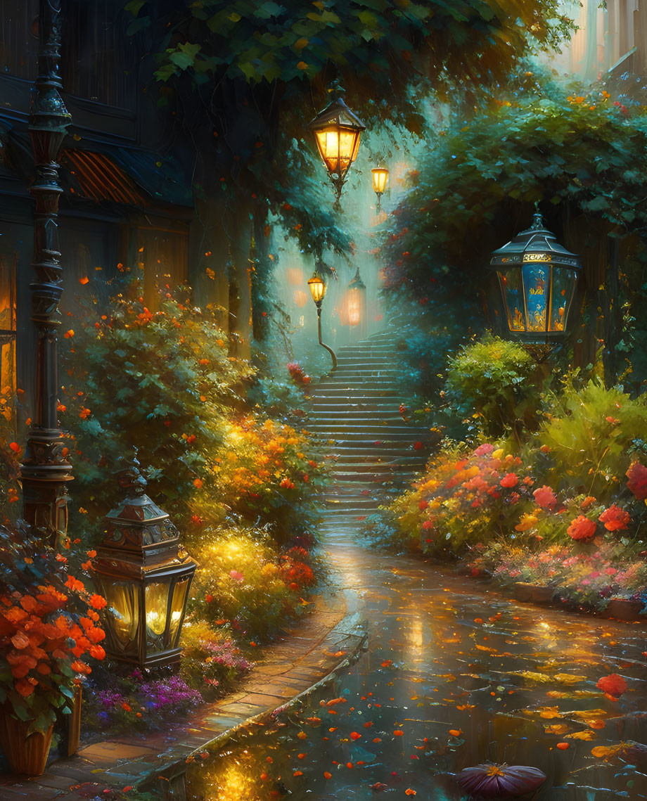 Cobblestone alley with lanterns, flowers, and mystical stairway