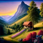 Scenic landscape painting with gazebo, lake, flowers, mountains, pastel sky