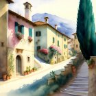 Sunlit European village street with stone stairs and flower-draped houses