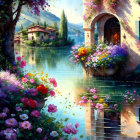 Scenic lakeside view with colorful flowers, calm waters, and quaint houses among lush trees