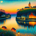 Vibrant night scene: village by river with illuminated homes and starry sky