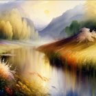 Tranquil landscape painting: river reflecting sunset glow, vibrant blooms, distant village.