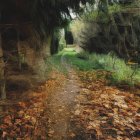 Tranquil painting: young girl in white dress on flower-lined forest path