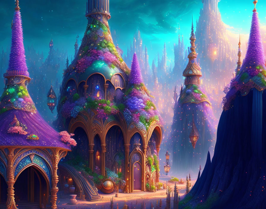 Fantasy castle with lush purple and pink flora under starry sky
