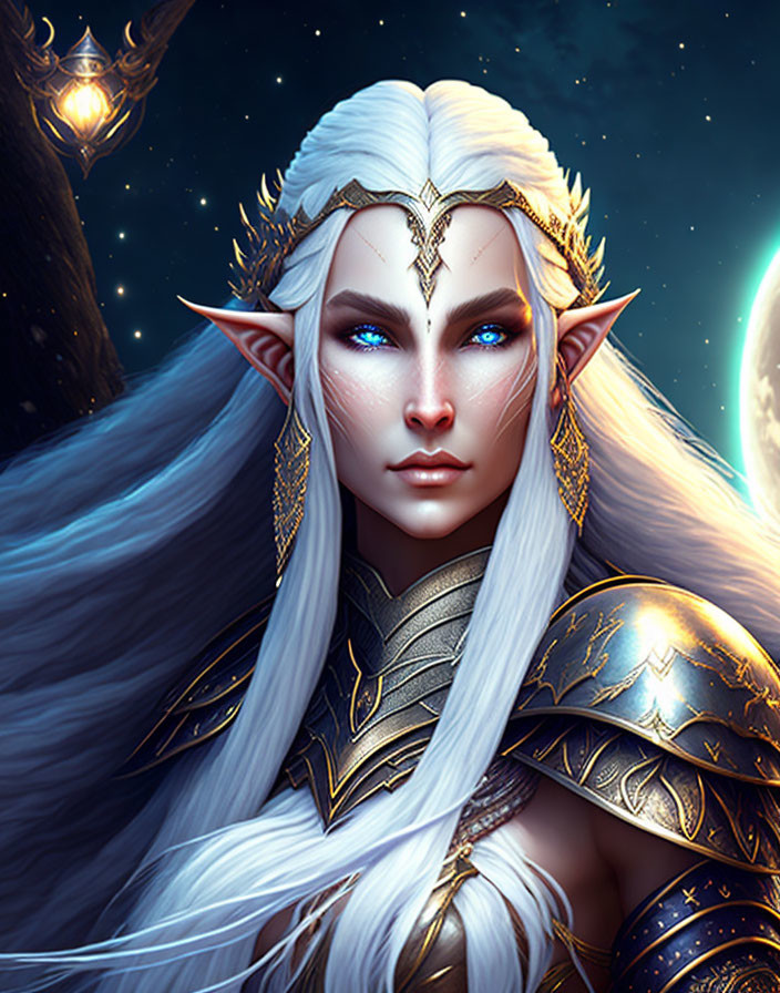 White-haired elf in golden armor against night sky