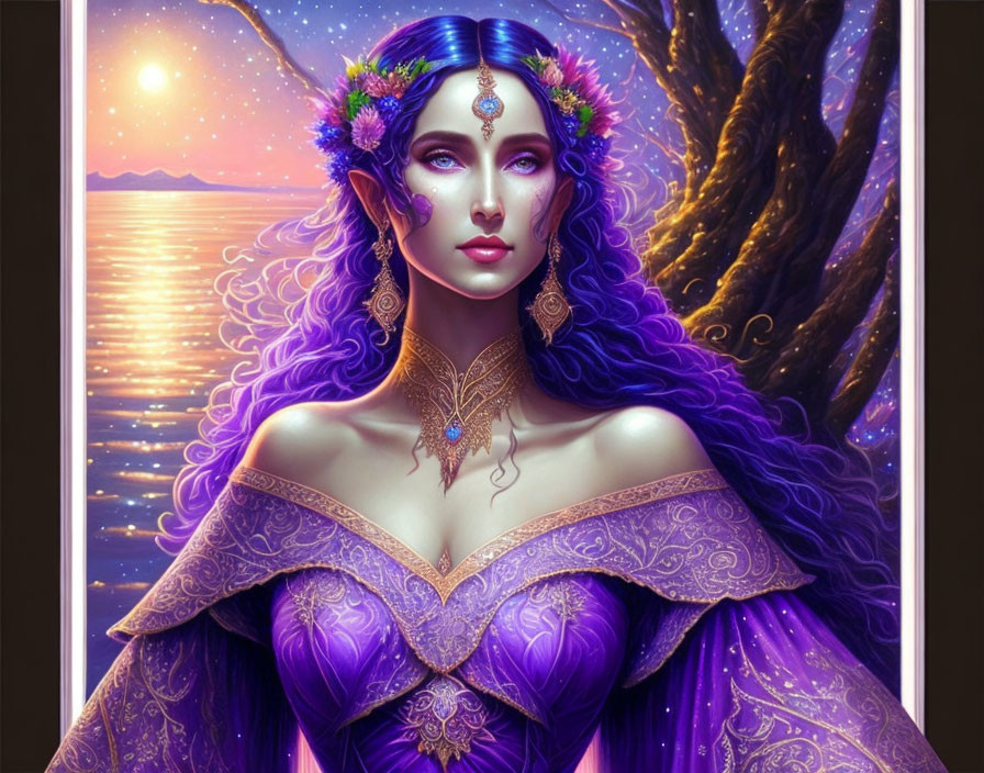 Fantasy woman with purple hair and attire in digital artwork