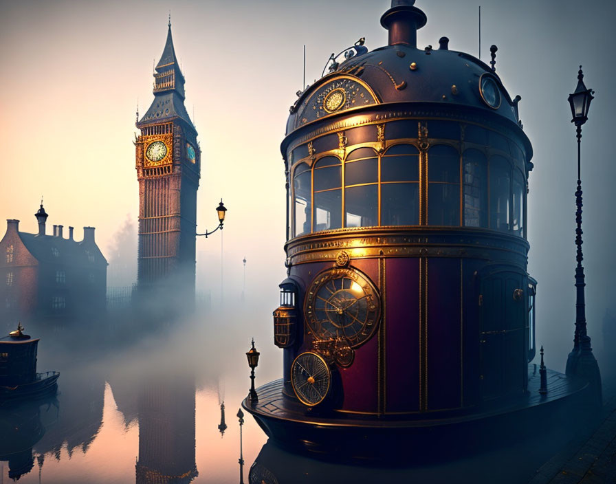 Victorian-style kiosk on riverbank with Big Ben in background