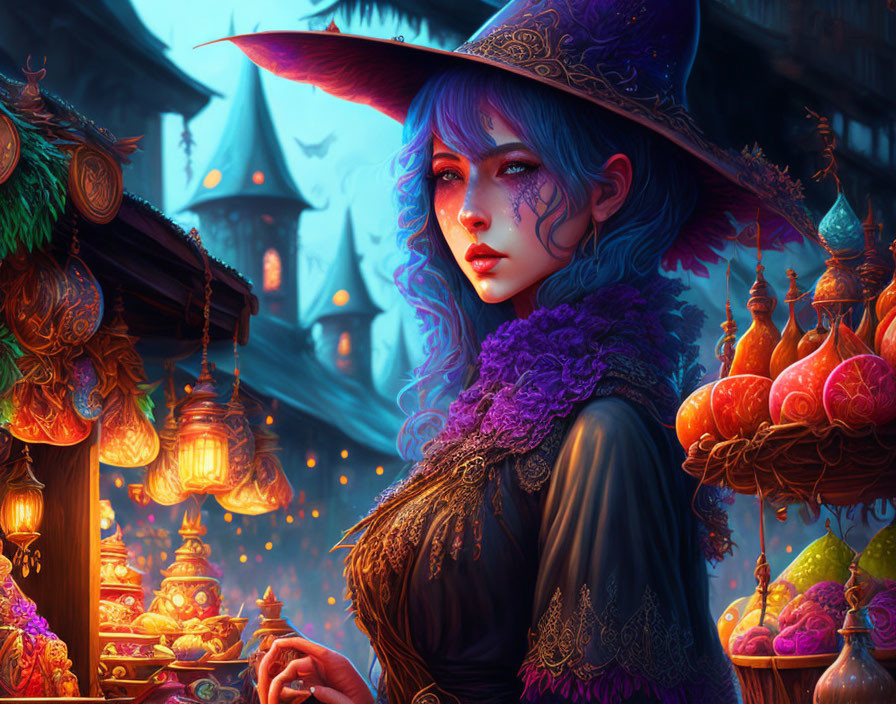 Blue-haired witch at vibrant night market with magical ingredients