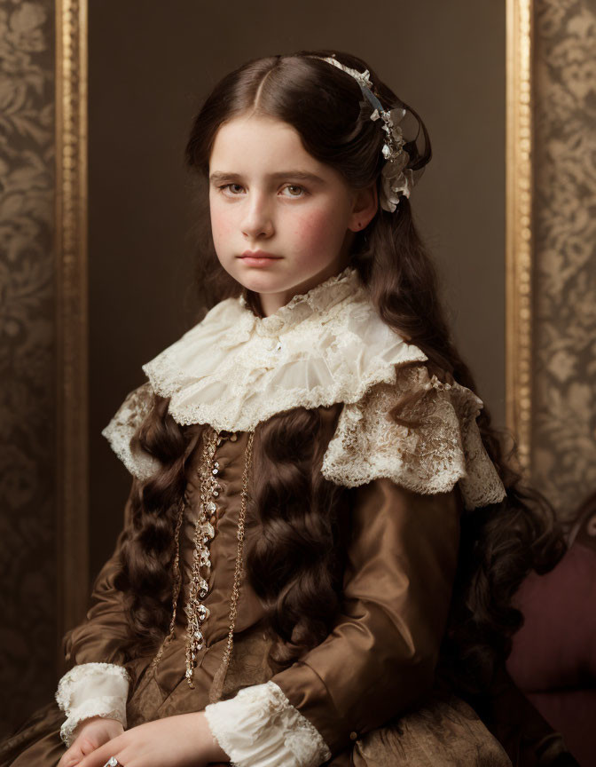 Young girl in vintage brown dress with floral hairpiece in classic portrait setting