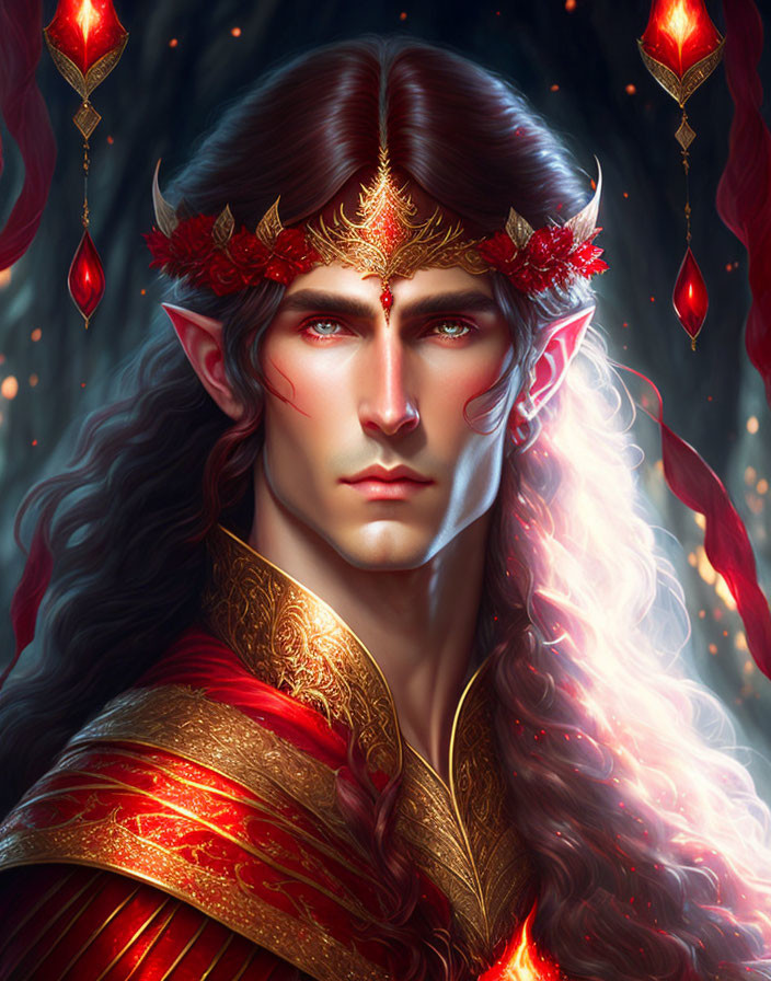 Elf illustration with red and gold attire, pointy ears, leaf crown, and glowing red jewels.