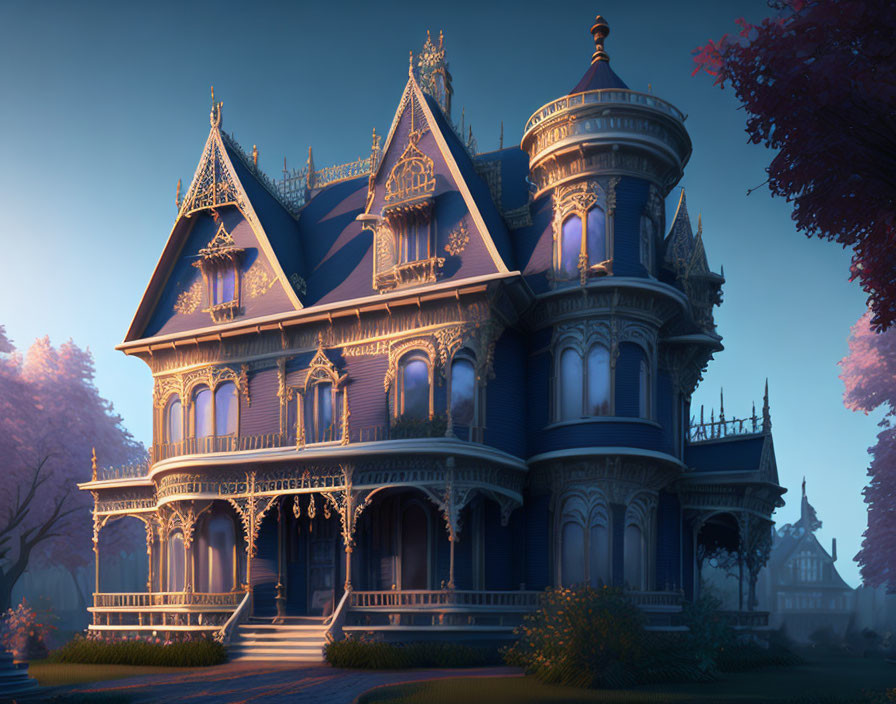 Victorian-style mansion with turret and intricate woodwork at dusk