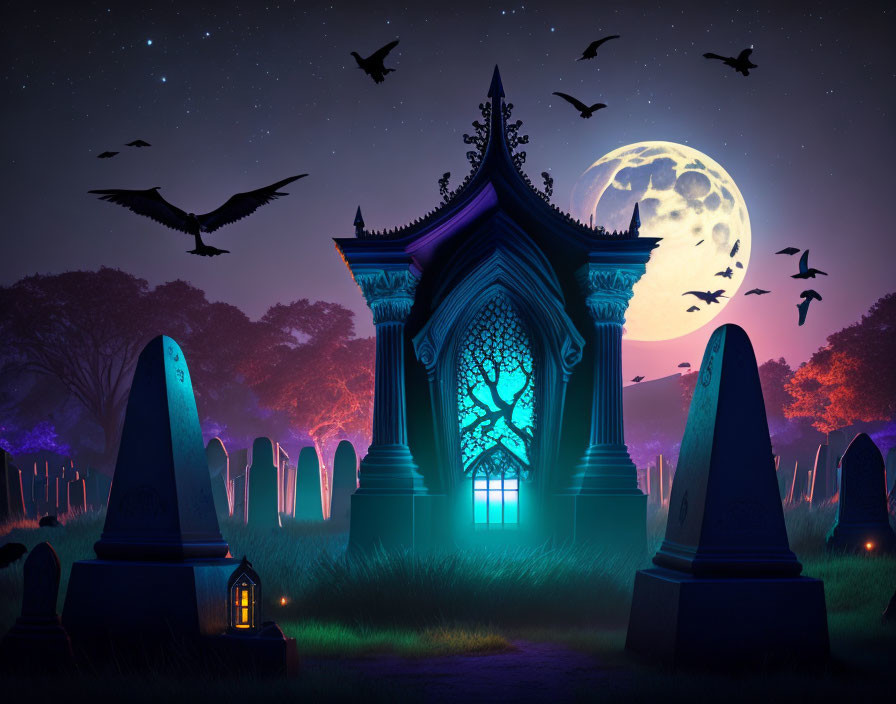 Graveyard night scene with crypt, full moon, bats, lantern, tombstones