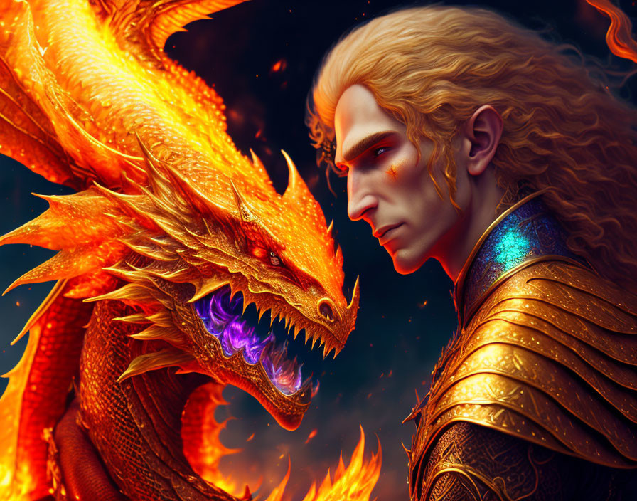 Golden-armored figure with fiery dragon in fantastical setting