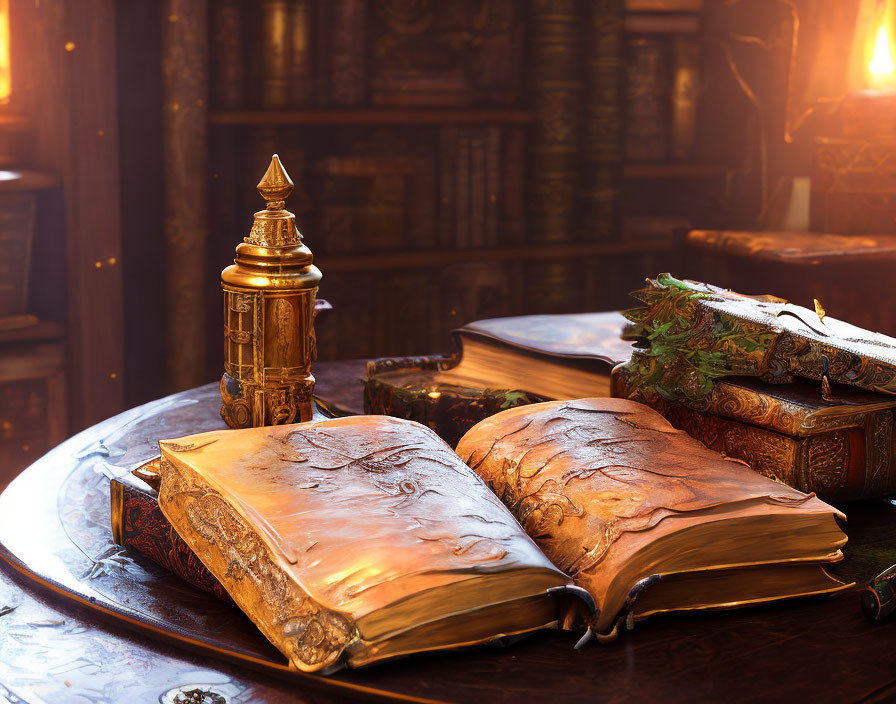 Vintage golden book on wooden table with candlestick in dimly lit room