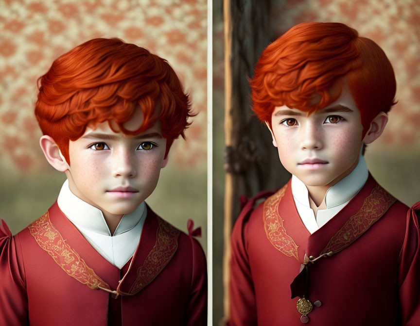 Young boy with red hair, green eyes, crimson outfit portrait.