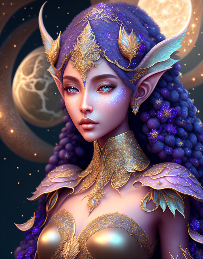 Blue-haired fantasy elf in gold armor under moonlit sky