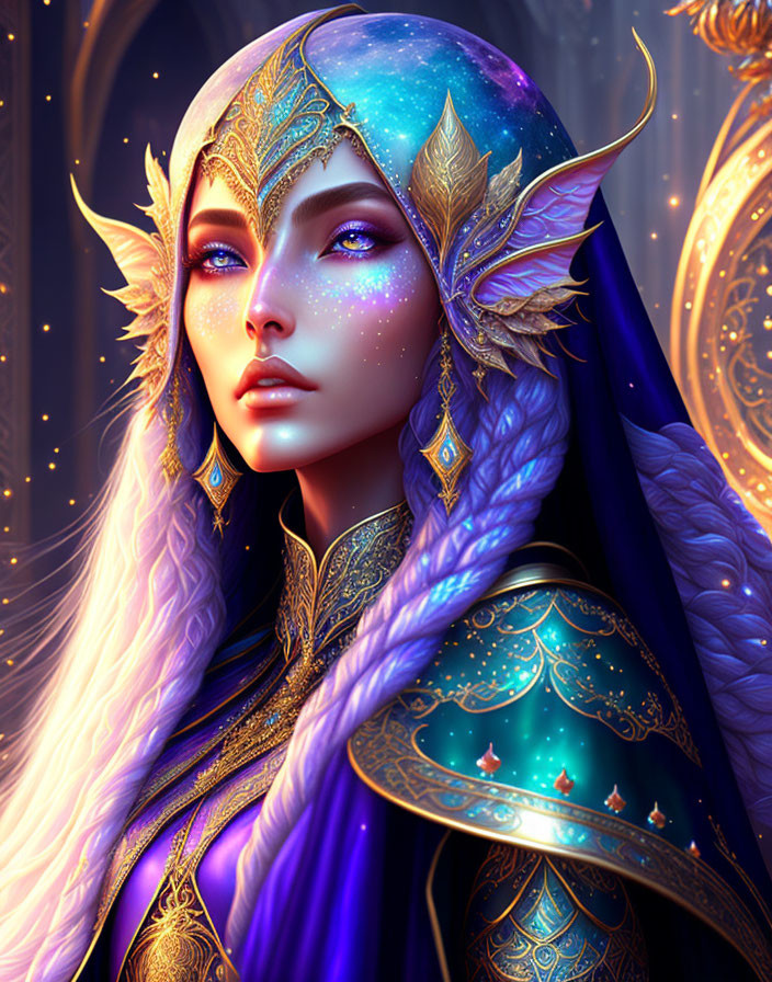 Fantasy Elf with White Hair and Golden Headpiece in Blue Attire