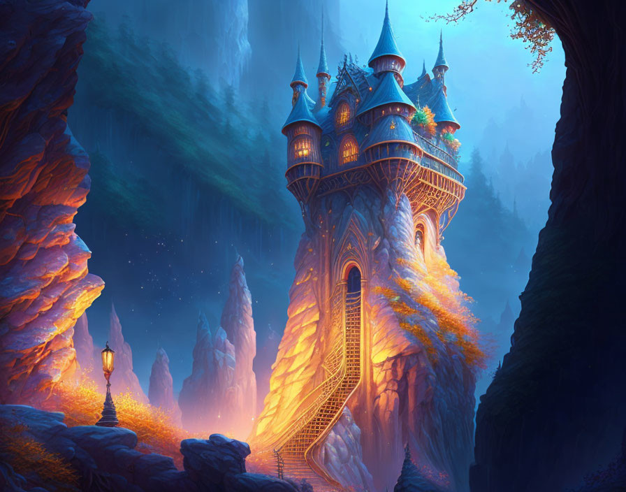 Fantastical castle on steep rock with bridge, lanterns, twilight sky in ethereal forest