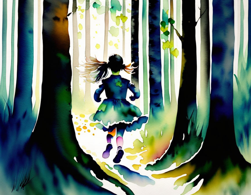 Vibrant watercolor painting of young girl in colorful forest