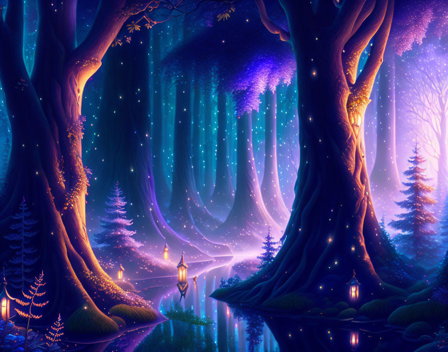 Enchanted Twilight Forest with Blue and Purple Hues