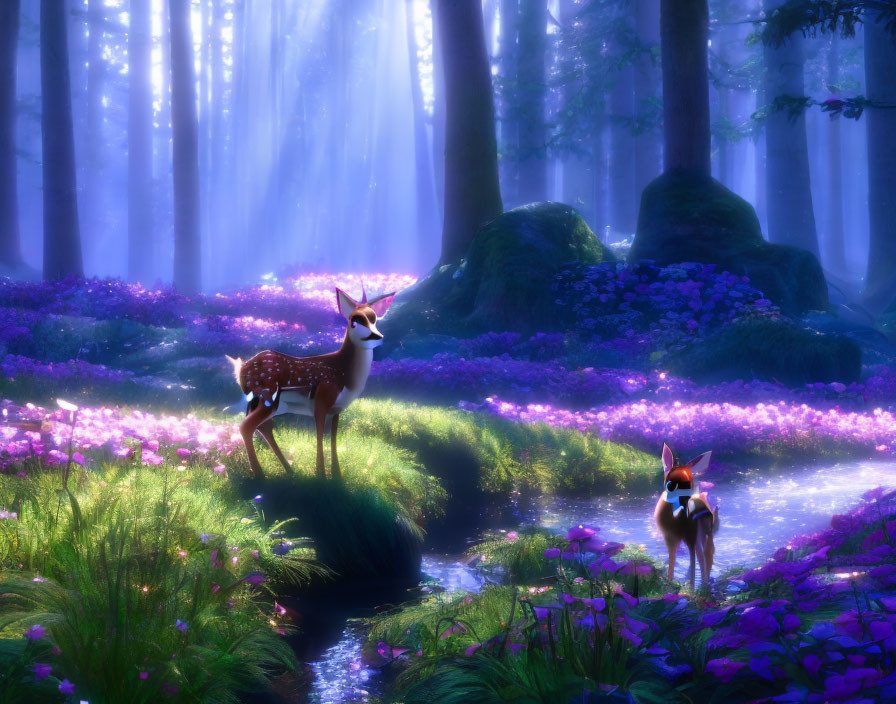 Tranquil forest scene with purple flowers, sunbeams, fawn, and fox